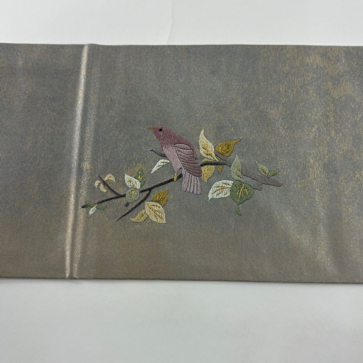 名古屋帶 秀品級 鳥葉紋刺繡金金箔 灰紫 純蠶絲