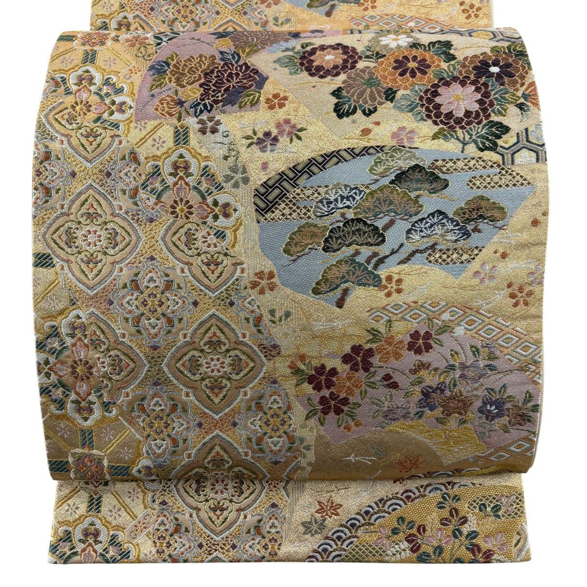袋帶 秀品級 扇子面 華紋 金絲 金金箔 金色 六通 純蠶絲