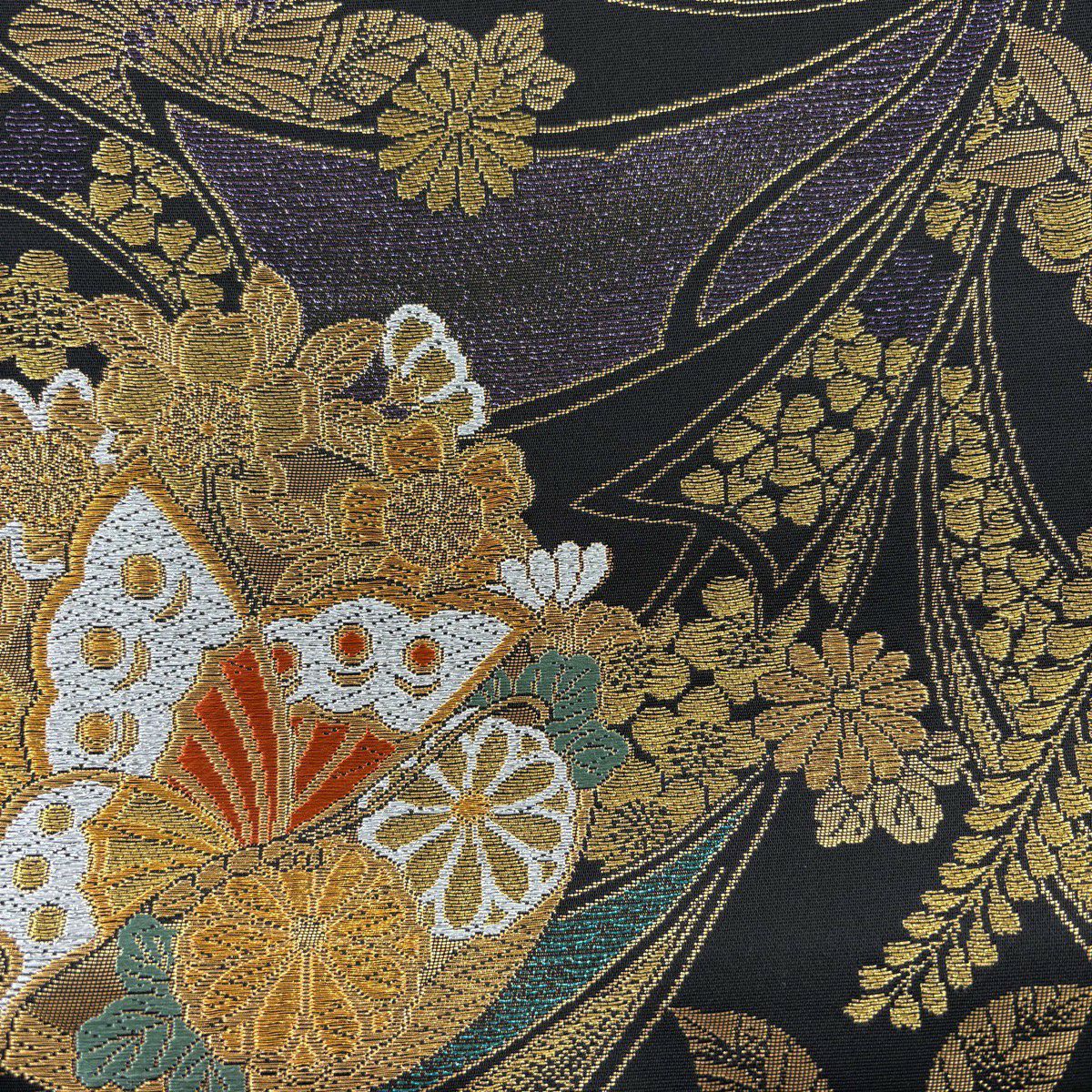 袋帶 秀品級 蝶 花丸紋 唐織 金金箔 黑 六通 純蠶絲