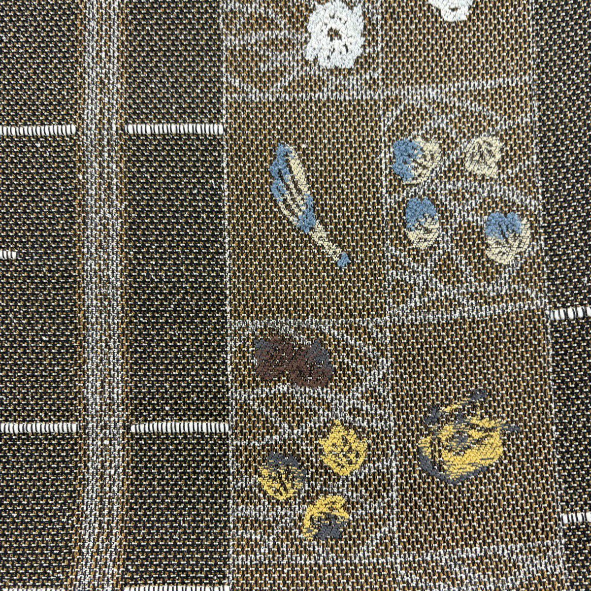 【美品】 袋帶 秀品級 草花紋紋 縞紋 刺繡 焦茶 六通 純蠶絲