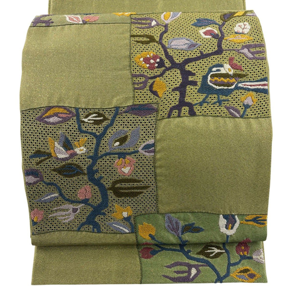 袋帶 優品級 鳥枝花 刺繡 金金箔 鶯色 大鼓圖案 純蠶絲