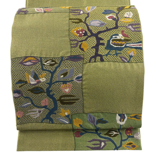袋帶 優品級 鳥枝花 刺繡 金金箔 鶯色 大鼓圖案 純蠶絲