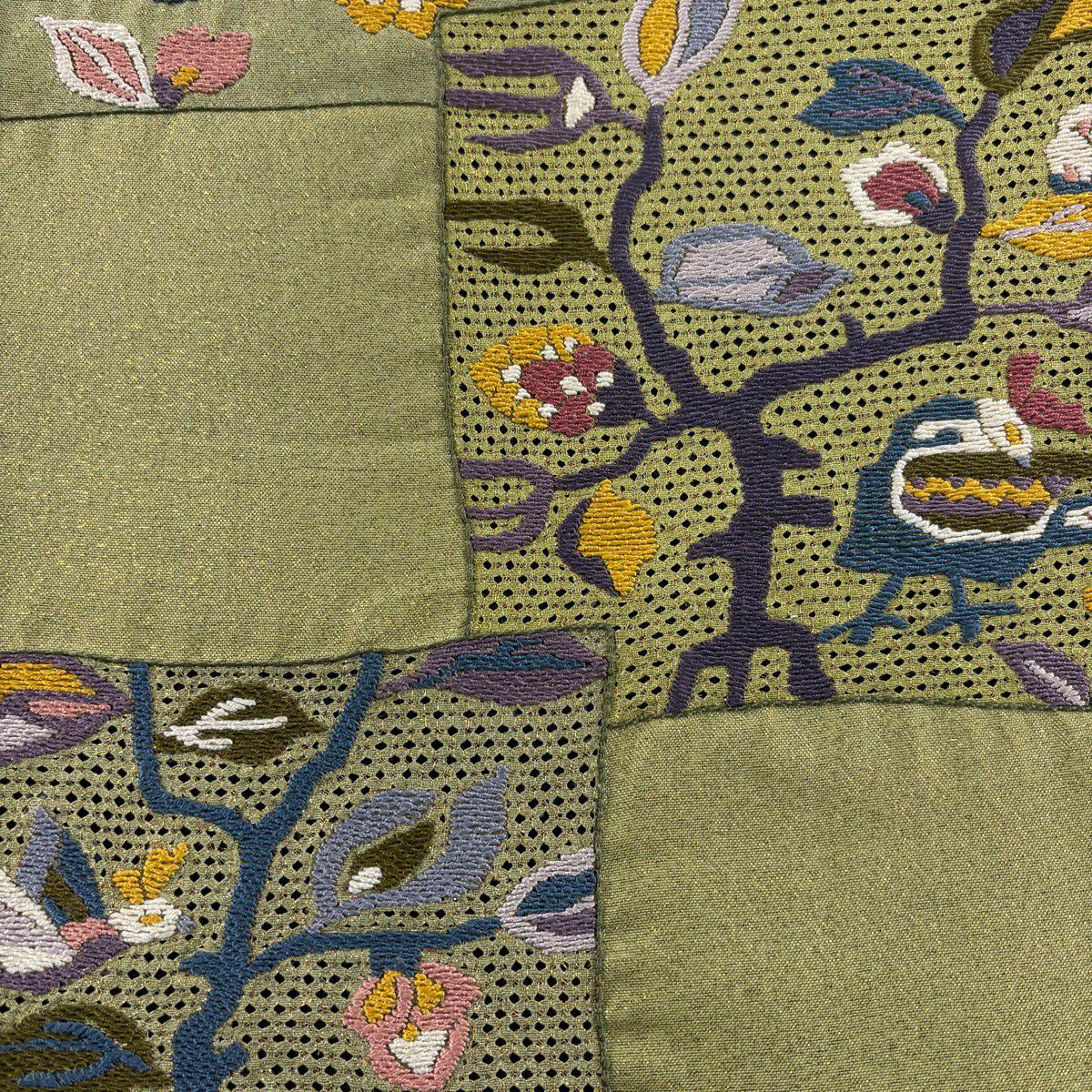 袋帶 優品級 鳥枝花 刺繡 金金箔 鶯色 大鼓圖案 純蠶絲