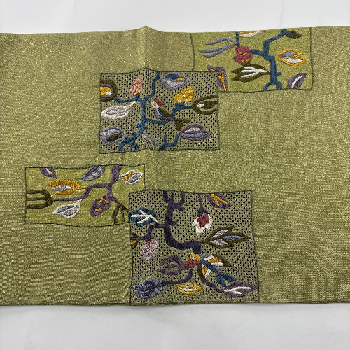 袋帶 優品級 鳥枝花 刺繡 金金箔 鶯色 大鼓圖案 純蠶絲