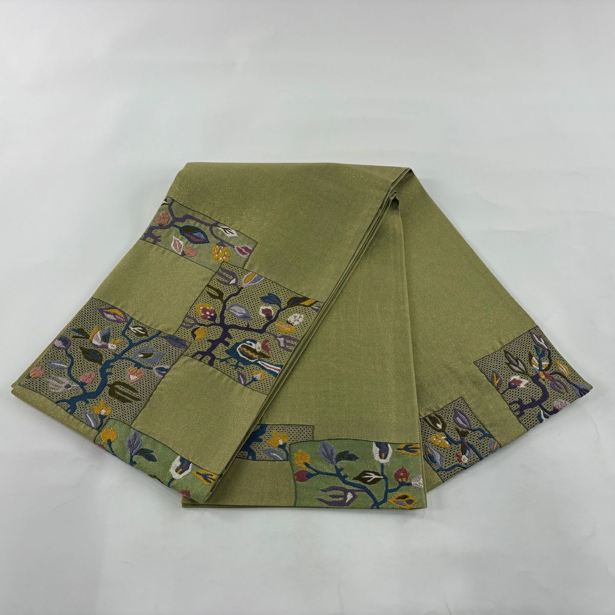 袋帶 優品級 鳥枝花 刺繡 金金箔 鶯色 大鼓圖案 純蠶絲