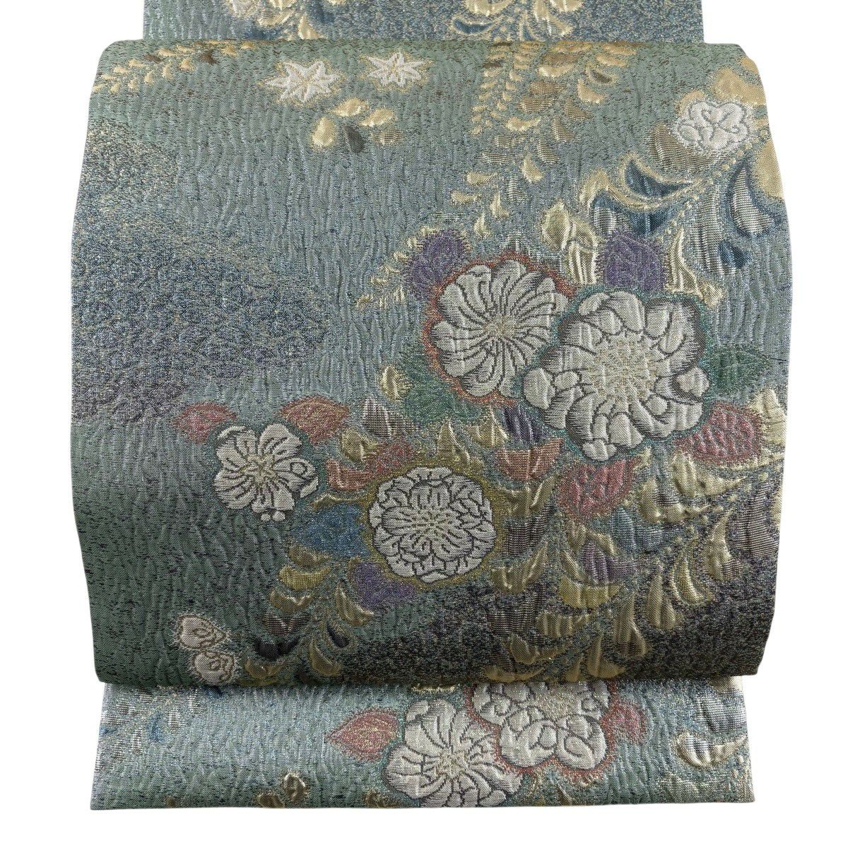 【美品】 袋帶 秀品級 夢想辻花染 金金箔 淺綠 六通 純蠶絲