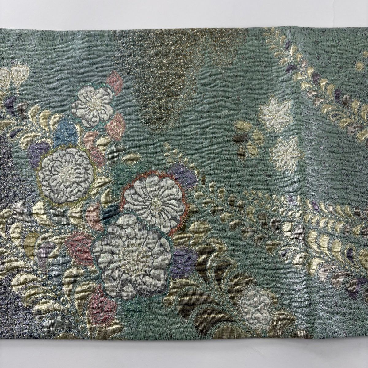 【美品】 袋帶 秀品級 夢想辻花染 金金箔 淺綠 六通 純蠶絲