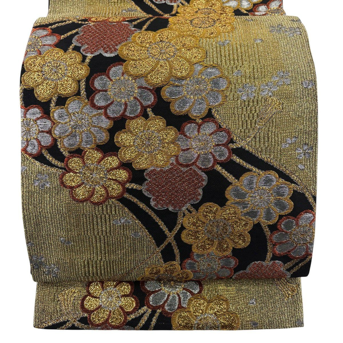 袋帶 秀品級 草花紋紋 組紐 金絲 金金箔 黑 六通 純蠶絲