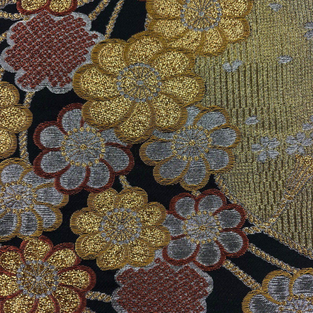 袋帶 秀品級 草花紋紋 組紐 金絲 金金箔 黑 六通 純蠶絲