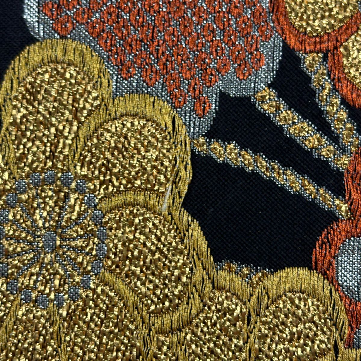 袋帶 秀品級 草花紋紋 組紐 金絲 金金箔 黑 六通 純蠶絲