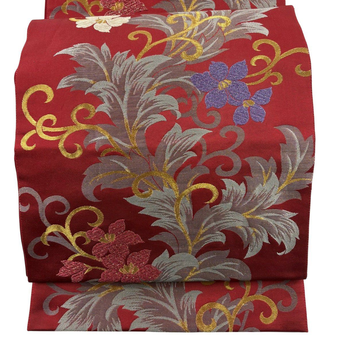 【美品】 袋帶 秀品級 花唐草紋 金糸 唐織 深紅 六通 純蠶絲