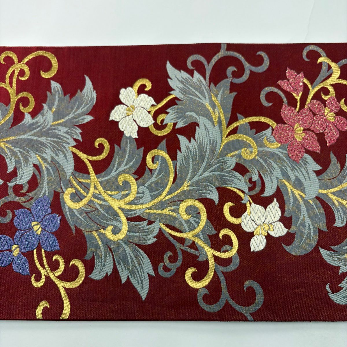 【美品】 袋帶 秀品級 花唐草紋 金糸 唐織 深紅 六通 純蠶絲