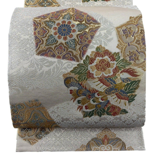 袋帶 秀品級 優華錦 華紋 鳳凰 金絲 金金箔 米色 六通 純蠶絲