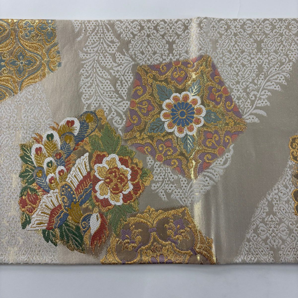 袋帶 秀品級 優華錦 華紋 鳳凰 金絲 金金箔 米色 六通 純蠶絲