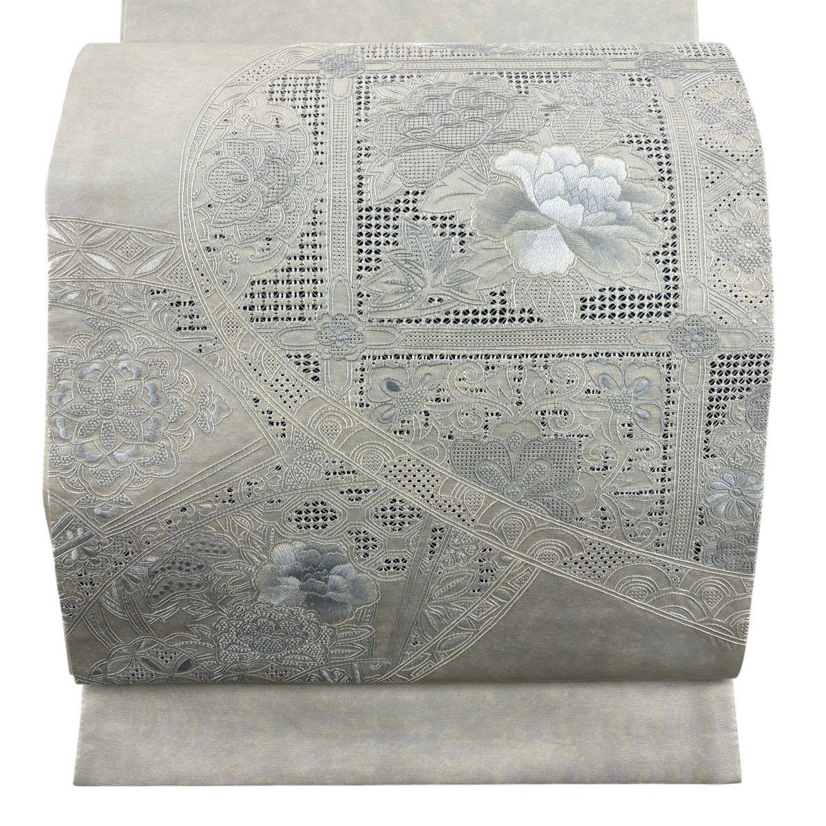 袋帶 秀品級 草花紋紋 刺繡 灰白 お太鼓柄 純蠶絲