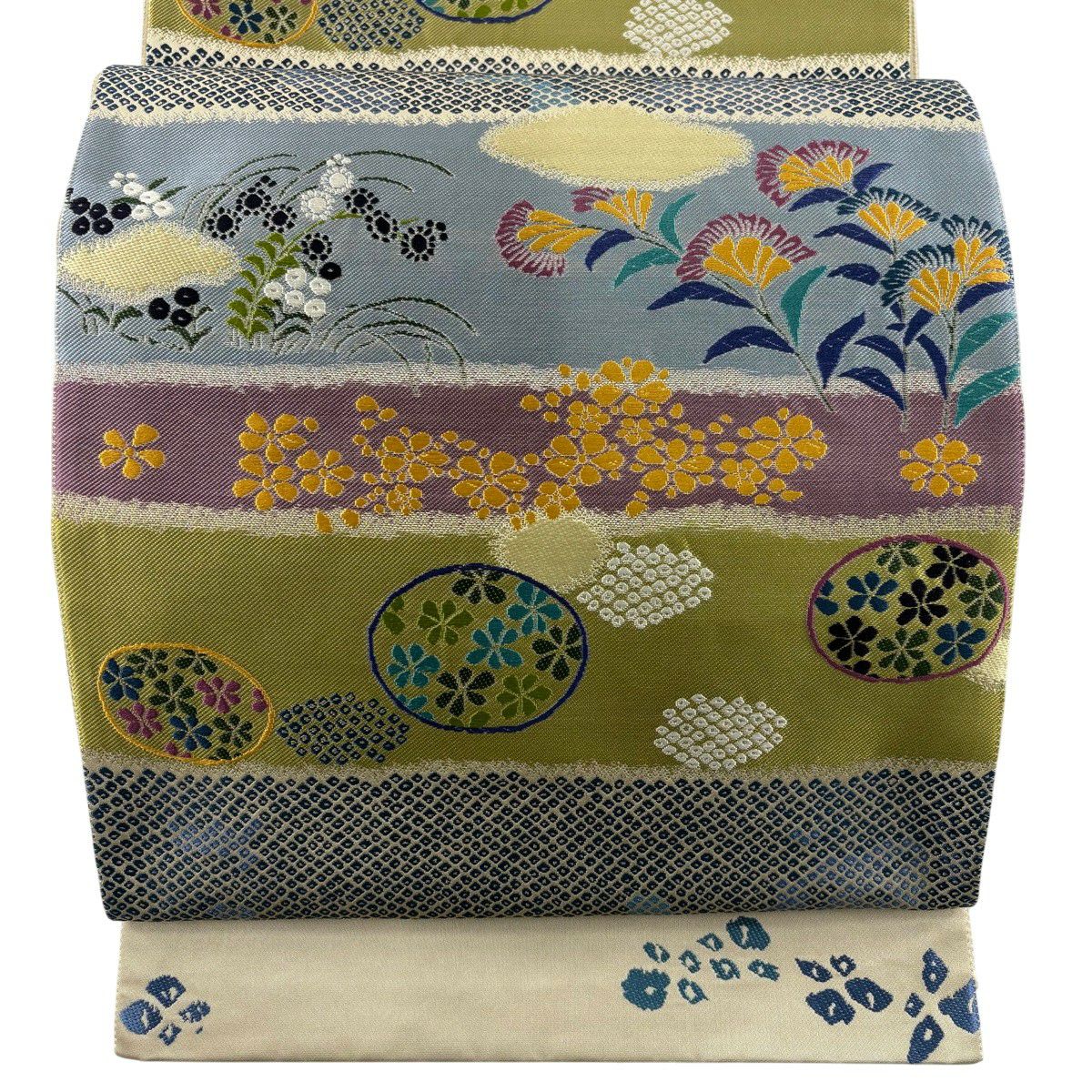 【美品】 袋帶 秀品級 草花紋紋 段紋 青灰 六通 純蠶絲