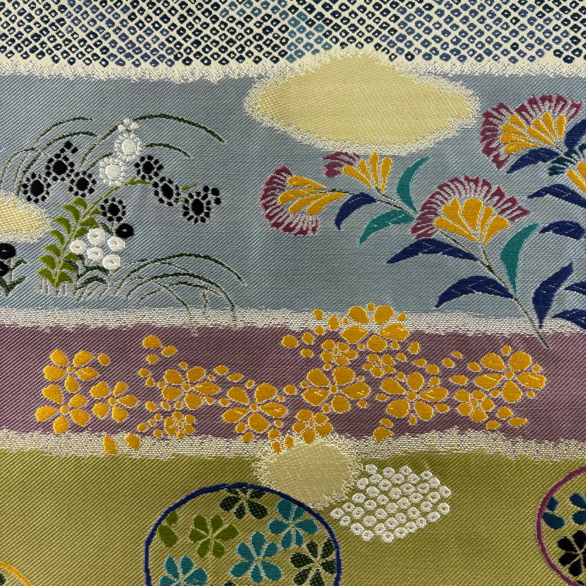 【美品】 袋帶 秀品級 草花紋紋 段紋 青灰 六通 純蠶絲