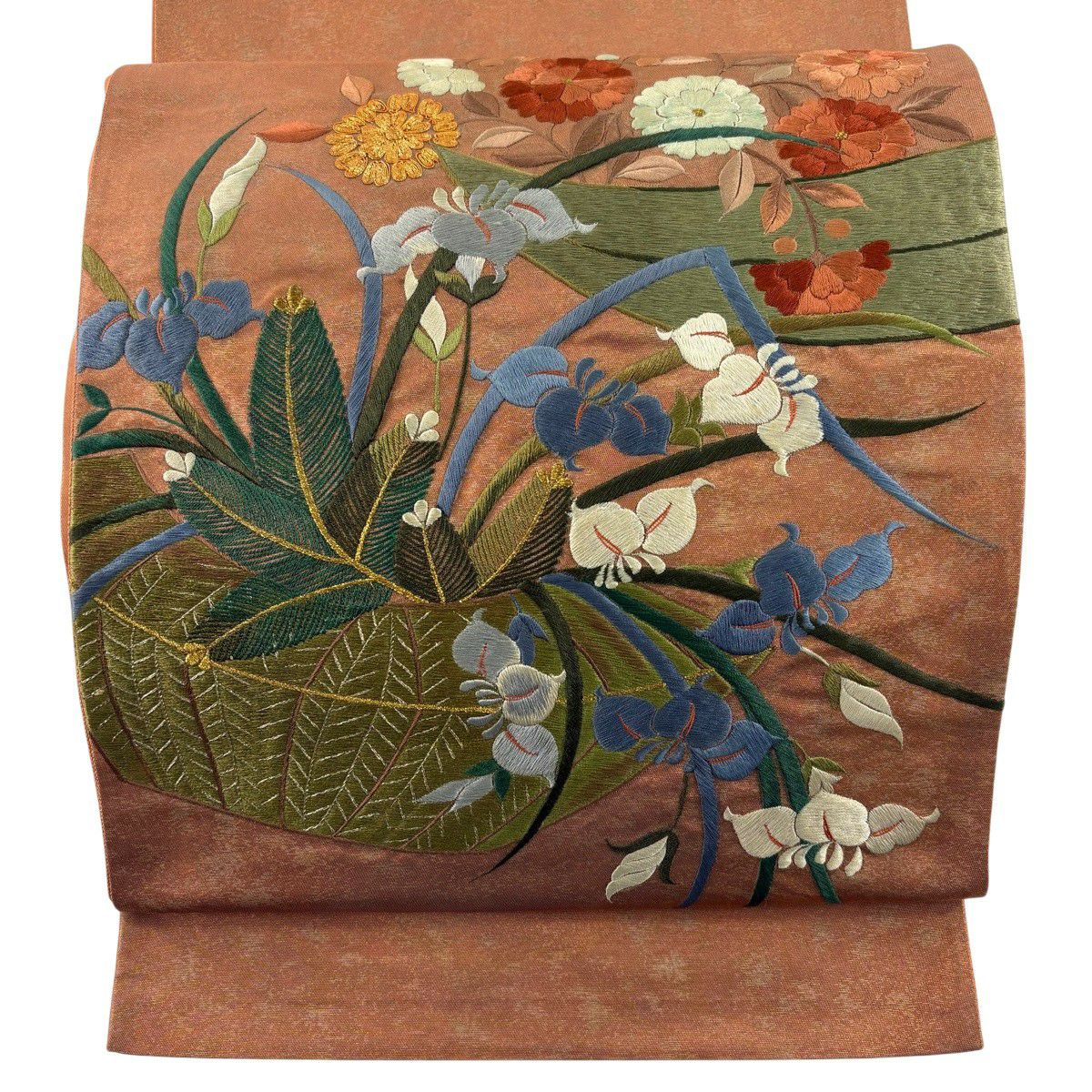 袋帶 秀品級 關西仕立 草花紋刺繡 金線 橙色 大鼓圖案 純蠶絲