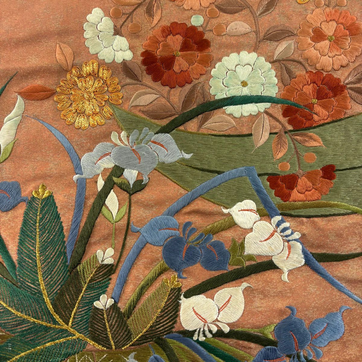 袋帶 秀品級 關西仕立 草花紋刺繡 金線 橙色 大鼓圖案 純蠶絲