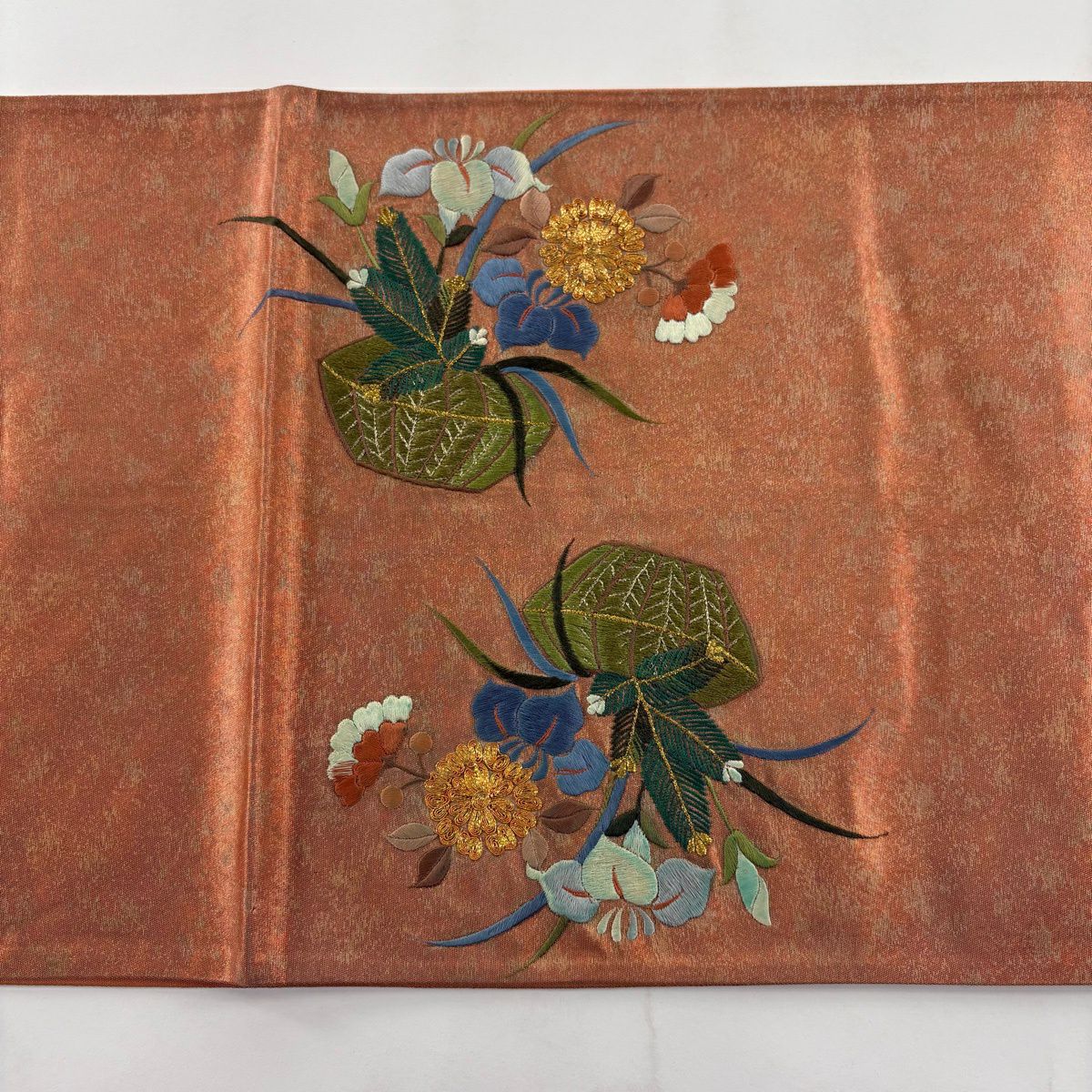 袋帶 秀品級 關西仕立 草花紋刺繡 金線 橙色 大鼓圖案 純蠶絲