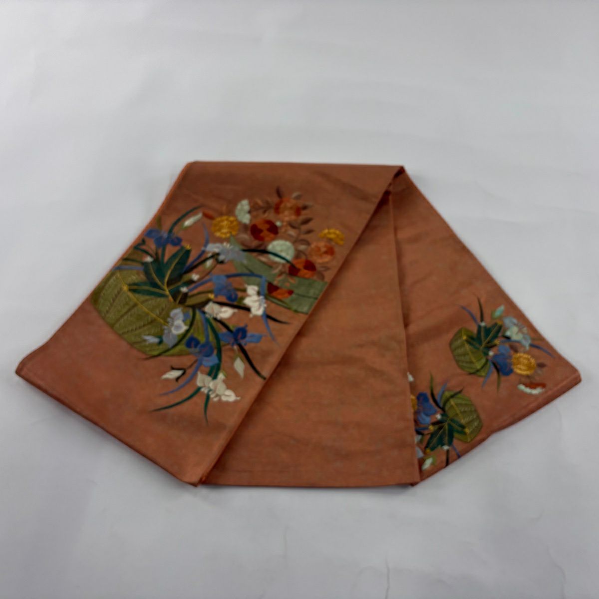 袋帶 秀品級 關西仕立 草花紋刺繡 金線 橙色 大鼓圖案 純蠶絲