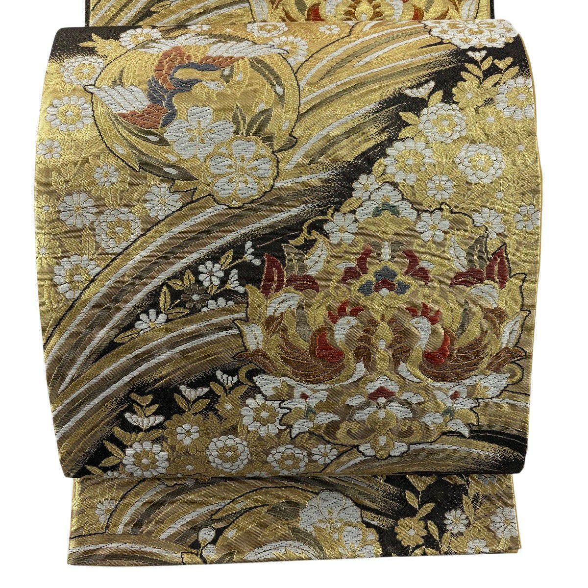 【美品】 袋帶 秀品級 花丸紋 向鳥 金絲 金金箔 金色 六通 純蠶絲