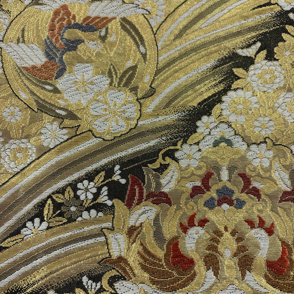 【美品】 袋帶 秀品級 花丸紋 向鳥 金絲 金金箔 金色 六通 純蠶絲
