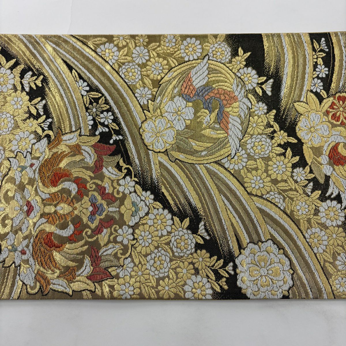 【美品】 袋帶 秀品級 花丸紋 向鳥 金絲 金金箔 金色 六通 純蠶絲