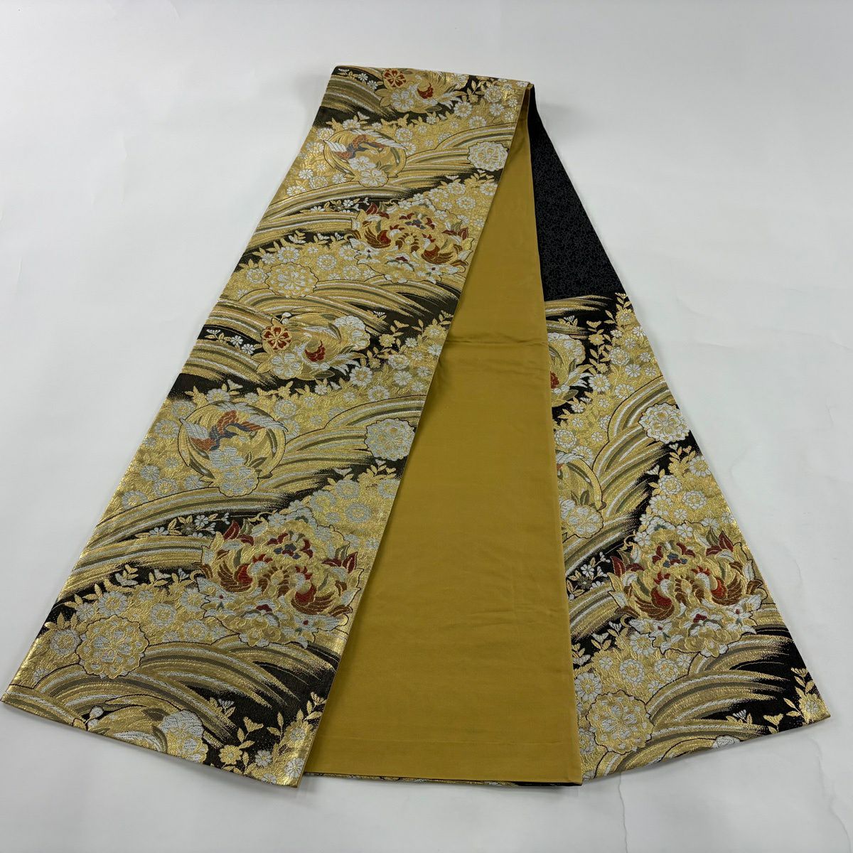 【美品】 袋帶 秀品級 花丸紋 向鳥 金絲 金金箔 金色 六通 純蠶絲