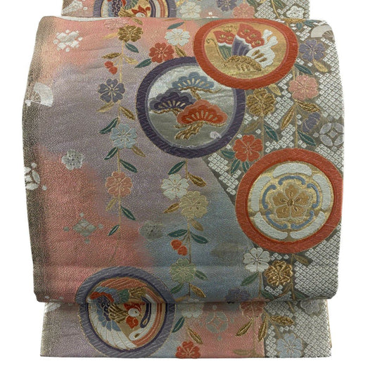 袋帶 秀品級 蝶 櫻花 金金箔 紫 六通 純蠶絲