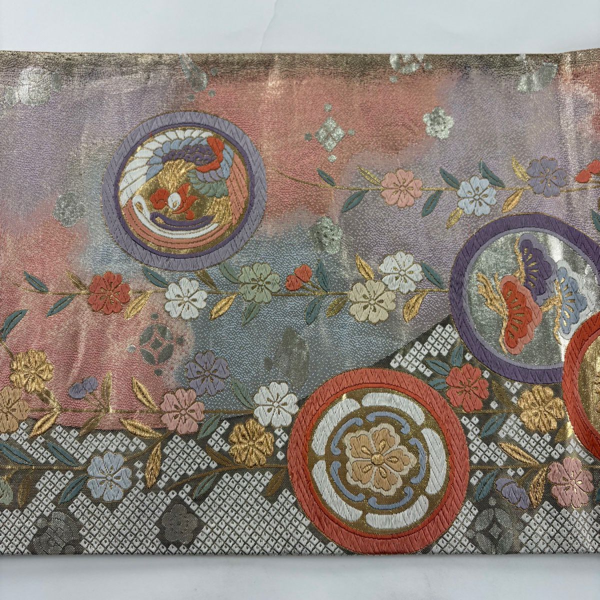 袋帶 秀品級 蝶 櫻花 金金箔 紫 六通 純蠶絲
