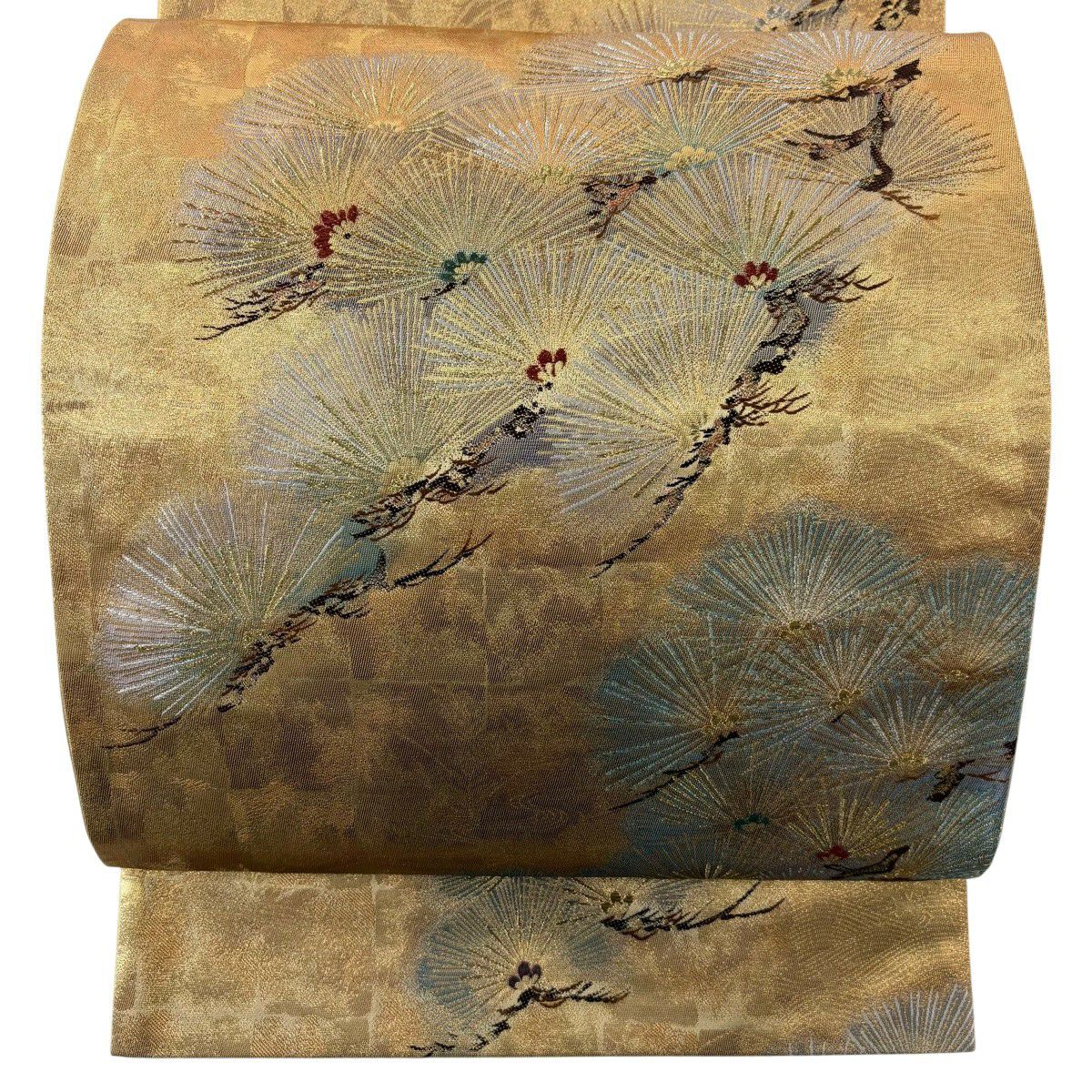 【美品】 袋帶 秀品級 松樹 金銀絲 金金箔 金色 六通 純蠶絲