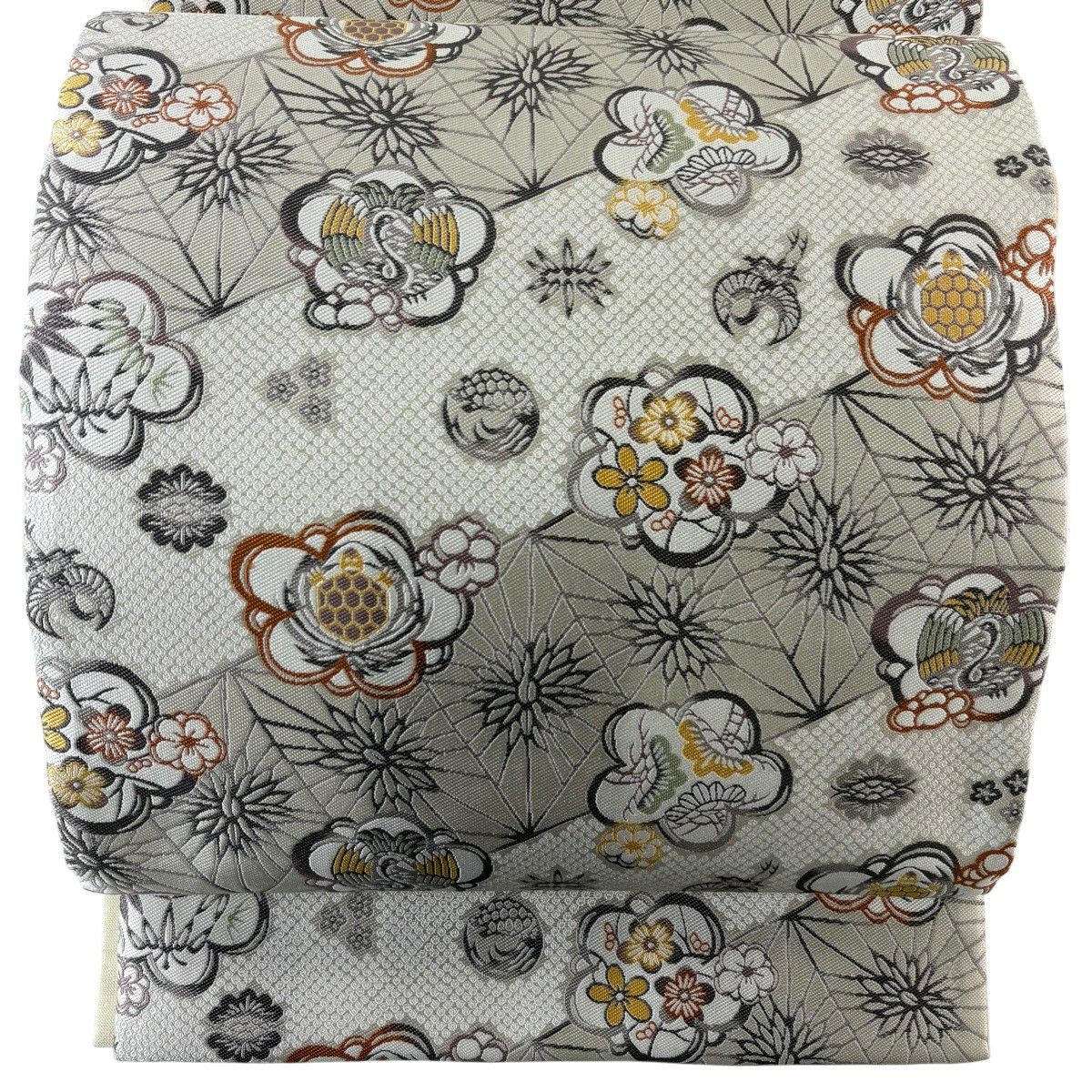 【美品】 袋帶 秀品級 紹巴紅型 梅花 仙鶴龜 灰白 六通 純蠶絲