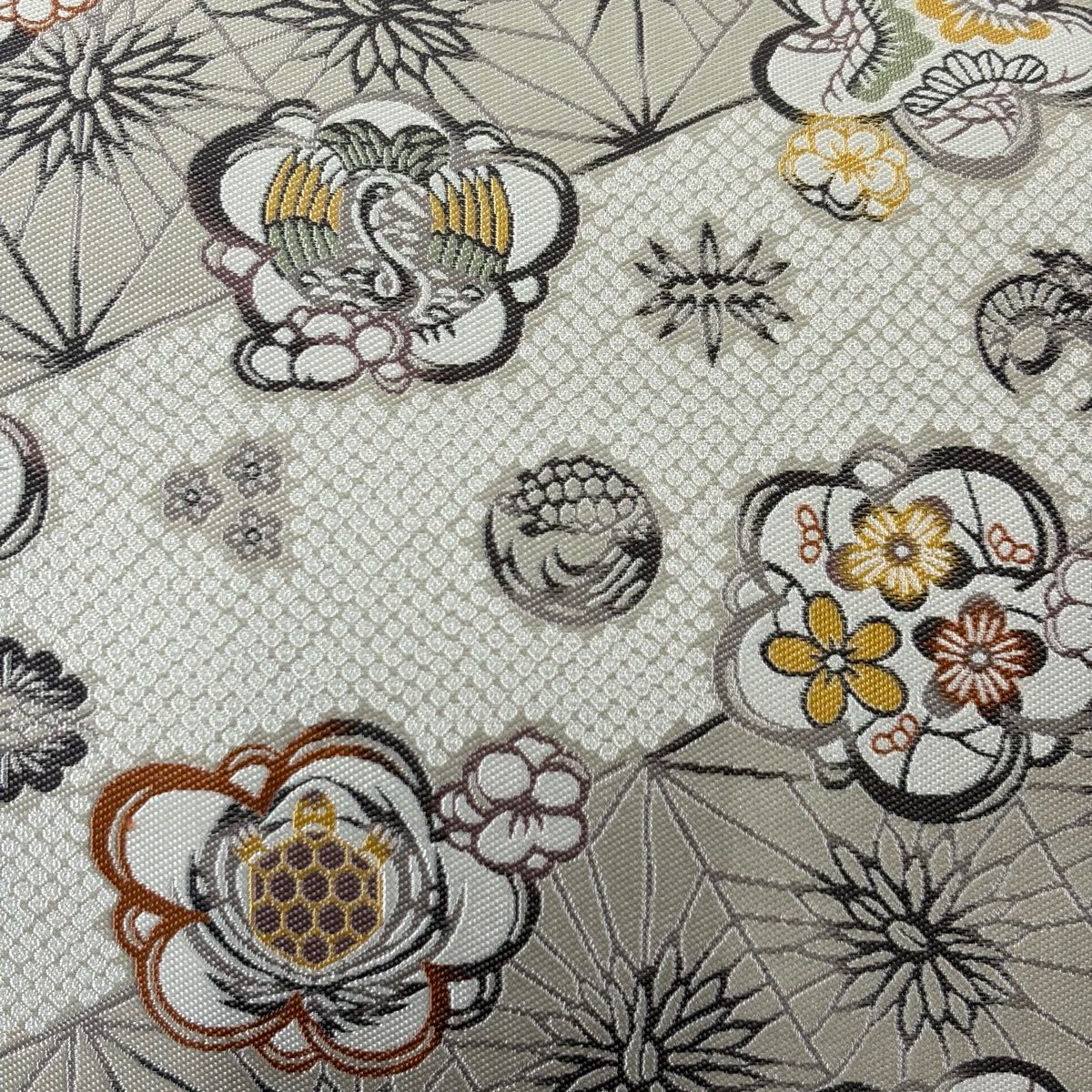 【美品】 袋帶 秀品級 紹巴紅型 梅花 仙鶴龜 灰白 六通 純蠶絲