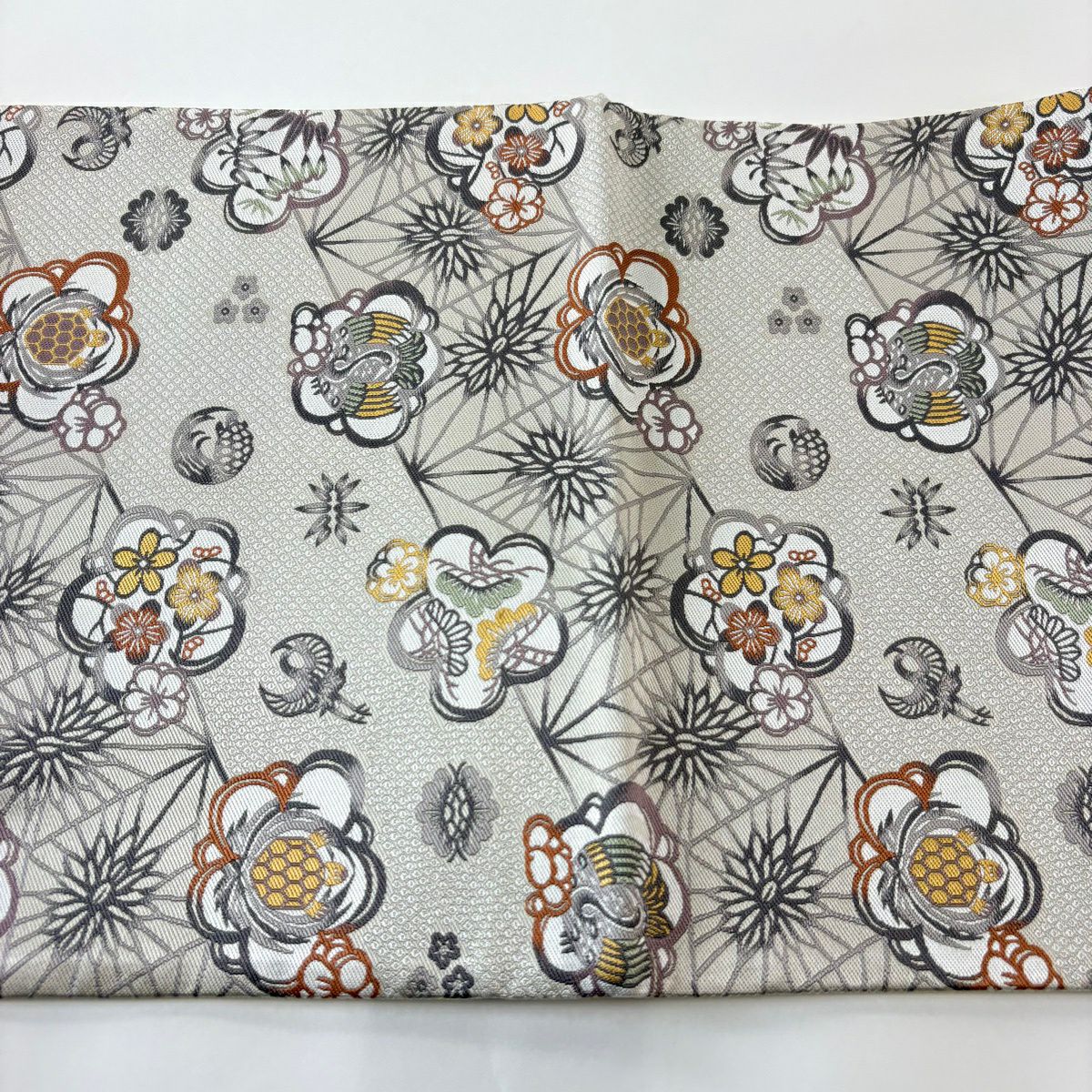 【美品】 袋帶 秀品級 紹巴紅型 梅花 仙鶴龜 灰白 六通 純蠶絲