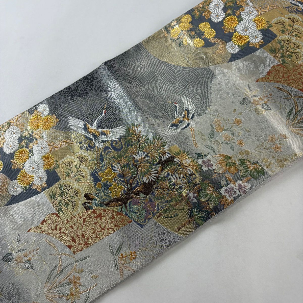 【美品】 袋帶 秀品級 扇子面 仙鶴 金銀彩 金金箔 銀 六通 純蠶絲