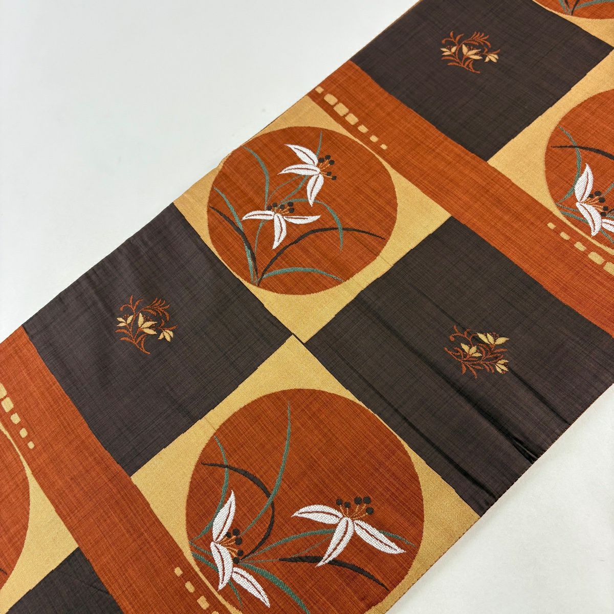 【美品】 袋帶 秀品級 葉與實 圓文 茶 全通 純蠶絲