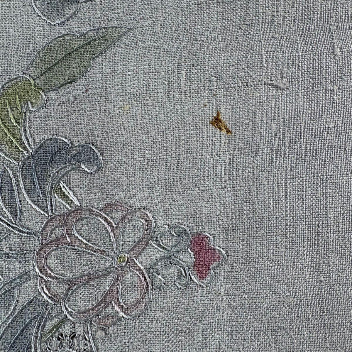 袋帶 秀品級 紬織織 雲紋 草花紋刺繡 灰色 大鼓圖案 純蠶絲