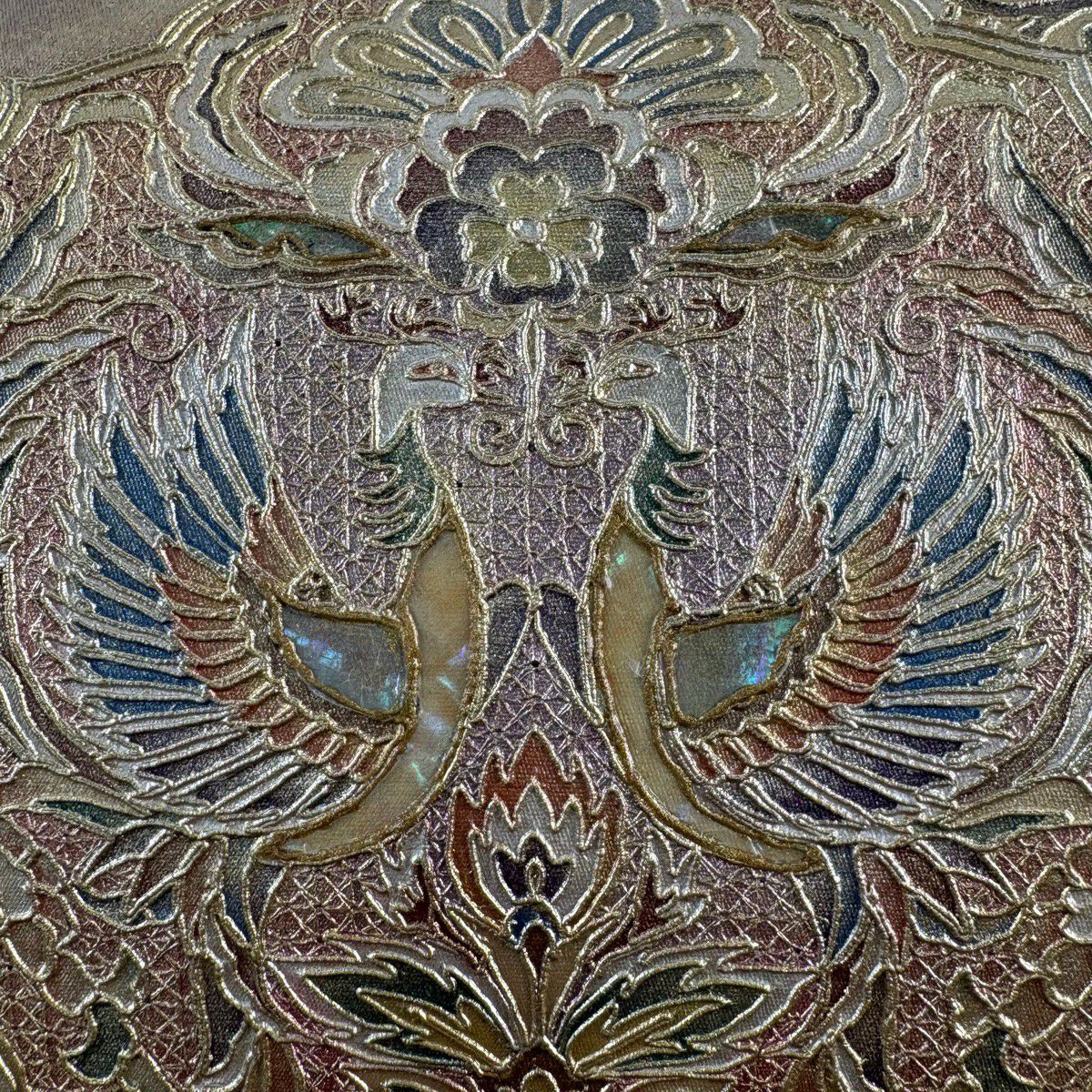 袋帶 秀品級 華紋 向鳥 金銀彩 螺鈿 粉米色 大鼓圖案 純蠶絲