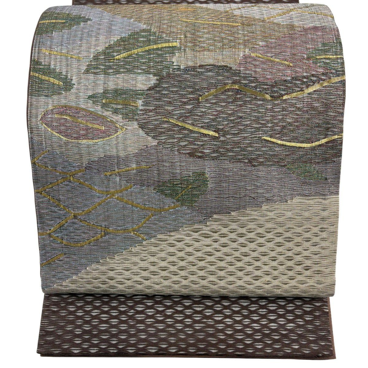 【美品】 袋帶 秀品級 霞 幾何學圖案 金金箔 金絲 淺茶 細帶圖案 純蠶絲