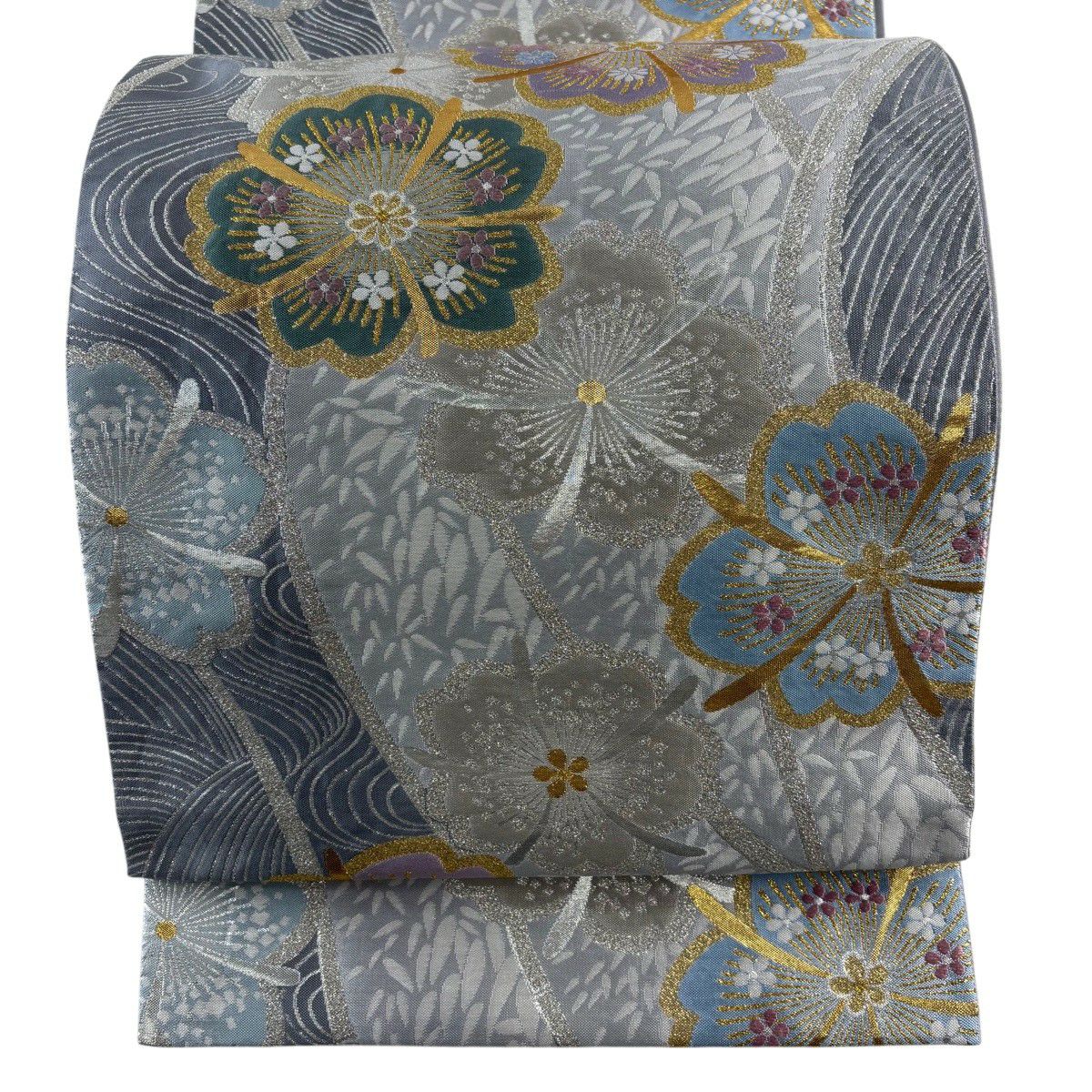 【美品】 袋帶 秀品級 華紋 流水 金金箔 灰色 六通 純蠶絲