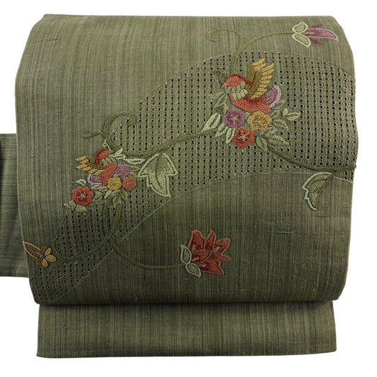 名古屋帶 秀品級 紬織織 花唐草紋 鳥 相良刺繡 金線 茶綠 純蠶絲