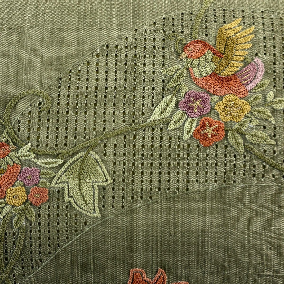名古屋帶 秀品級 紬織織 花唐草紋 鳥 相良刺繡 金線 茶綠 純蠶絲