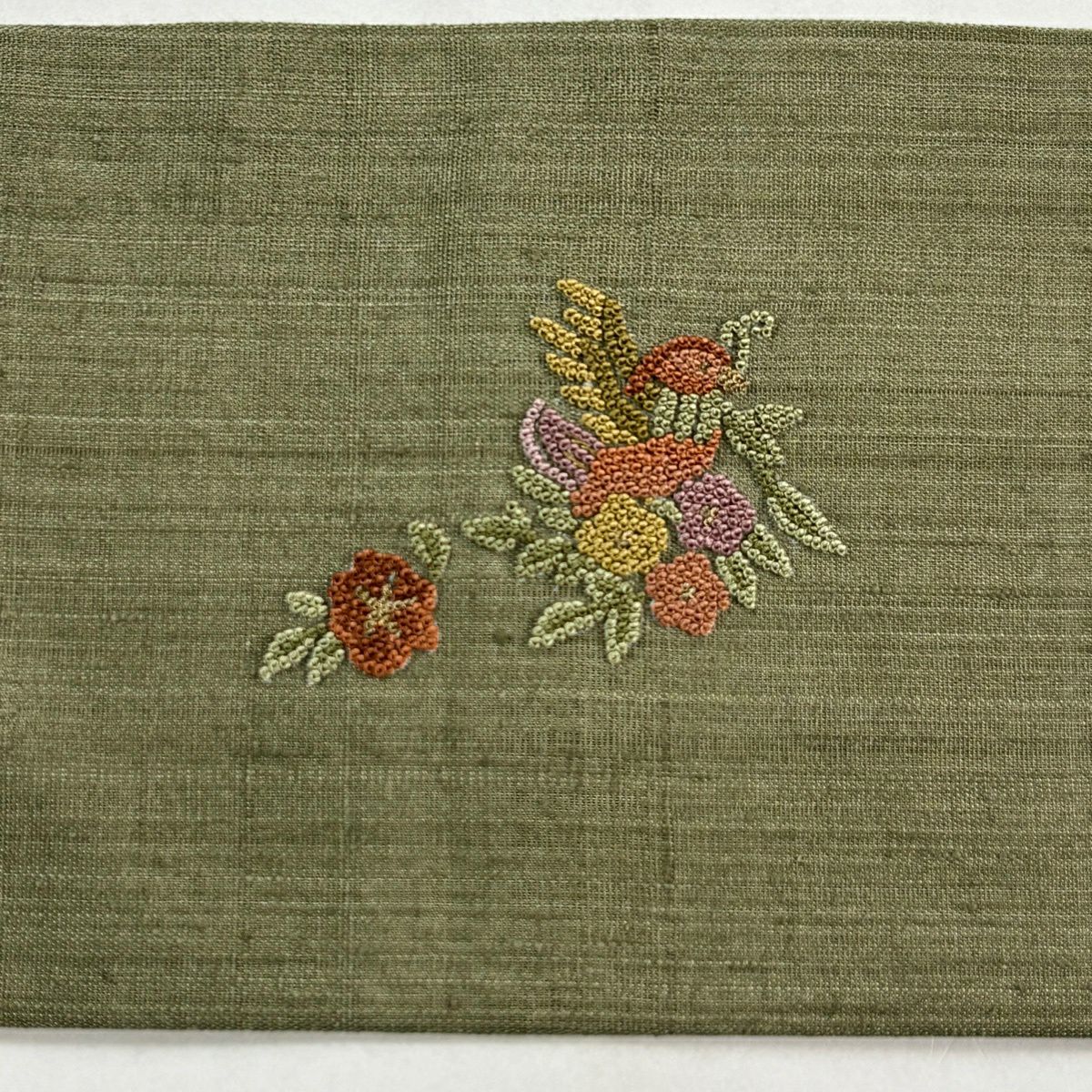 名古屋帶 秀品級 紬織織 花唐草紋 鳥 相良刺繡 金線 茶綠 純蠶絲