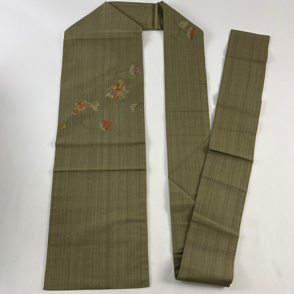 名古屋帶 秀品級 紬織織 花唐草紋 鳥 相良刺繡 金線 茶綠 純蠶絲