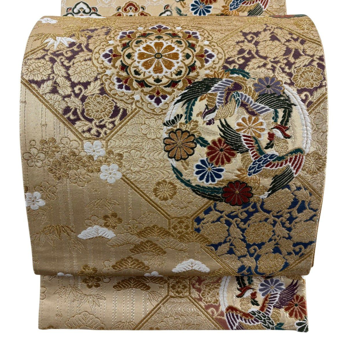 【美品】 袋帶 秀品級 蜀江取松樹竹子梅花紋 菊花華名物裂紋 金金箔 金絲 金色 大鼓圖案 純蠶絲