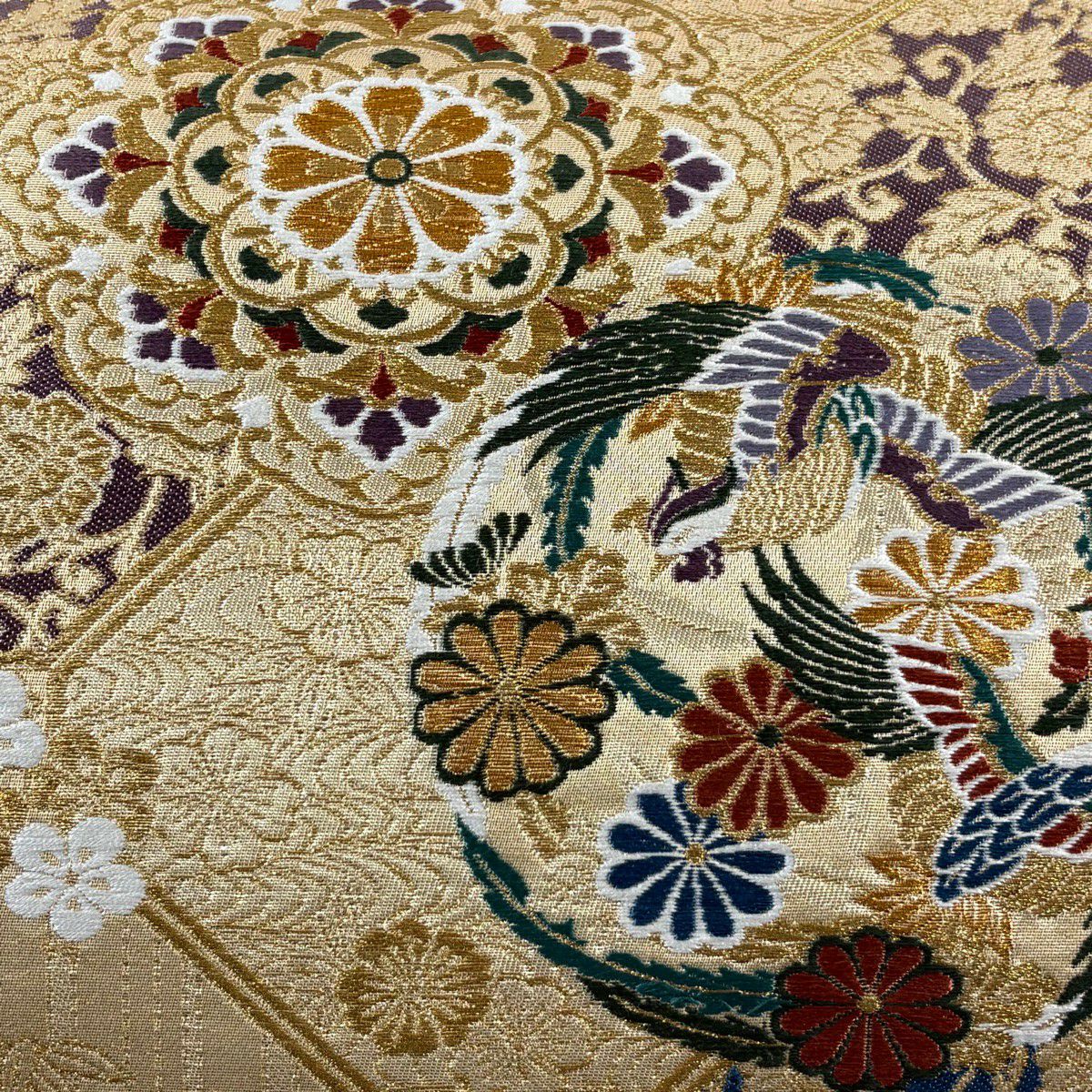 【美品】 袋帶 秀品級 蜀江取松樹竹子梅花紋 菊花華名物裂紋 金金箔 金絲 金色 大鼓圖案 純蠶絲