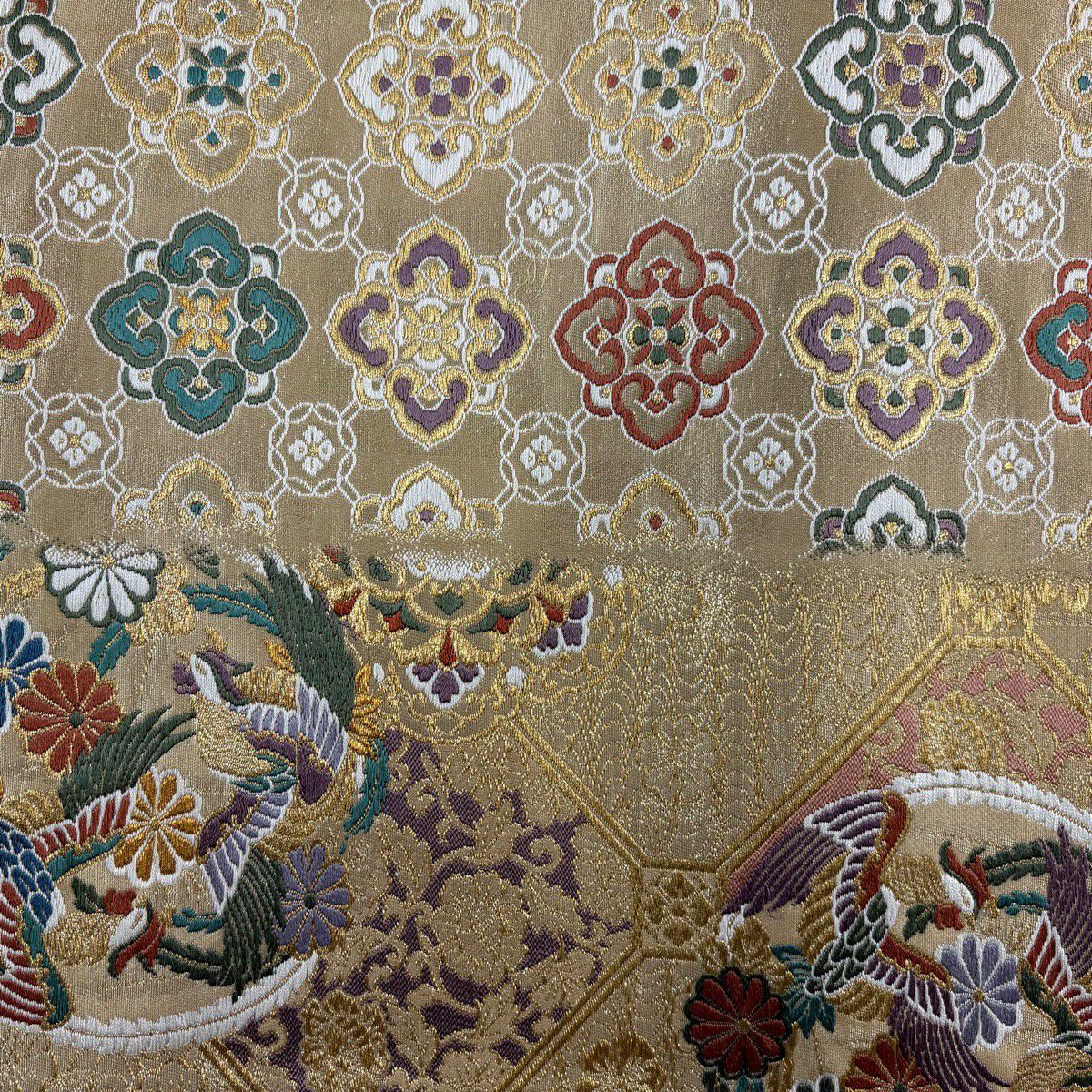 【美品】 袋帶 秀品級 蜀江取松樹竹子梅花紋 菊花華名物裂紋 金金箔 金絲 金色 大鼓圖案 純蠶絲