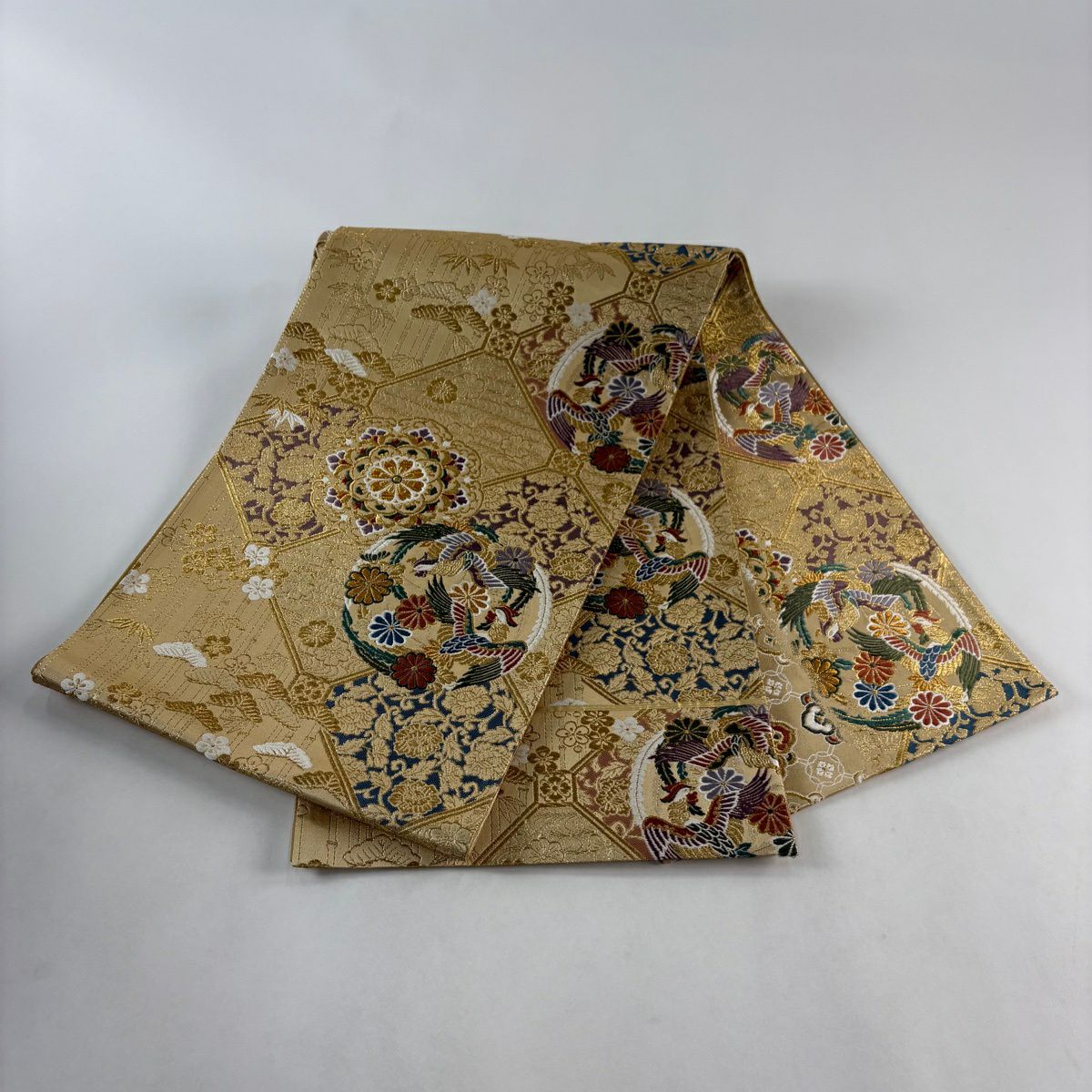 【美品】 袋帶 秀品級 蜀江取松樹竹子梅花紋 菊花華名物裂紋 金金箔 金絲 金色 大鼓圖案 純蠶絲