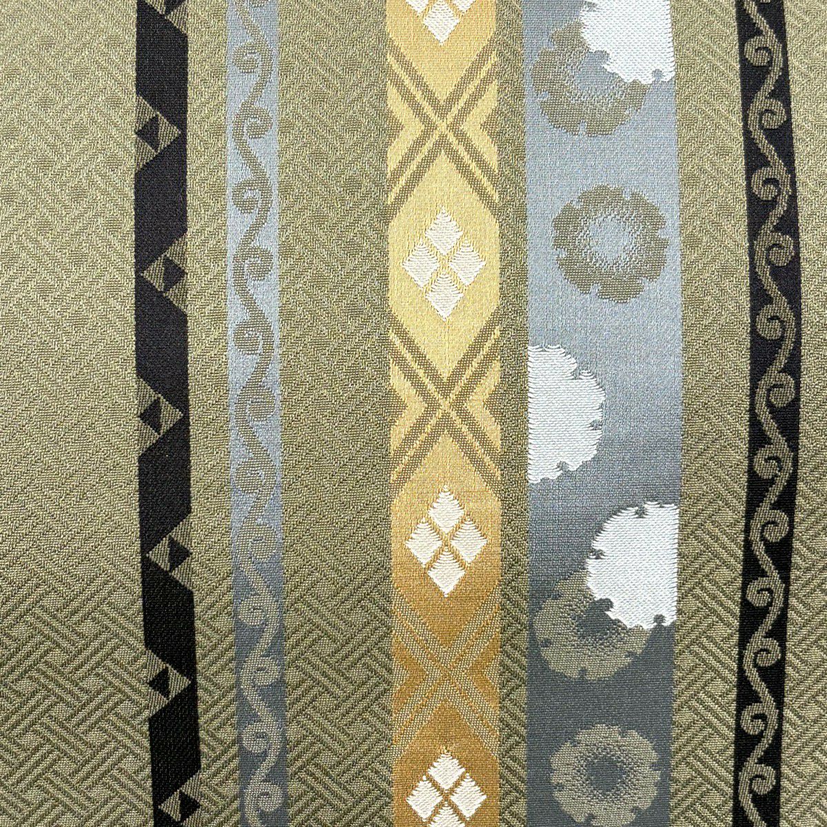 【美品】名古屋帶 秀品級 縞紋 雪輪 灰綠 純蠶絲